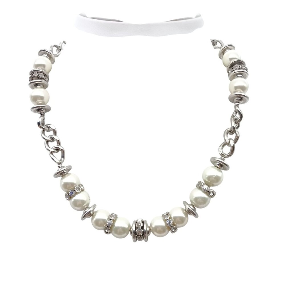 Vintage White Faux Pearl and Silver Crystal Bead Necklace Punk Chic